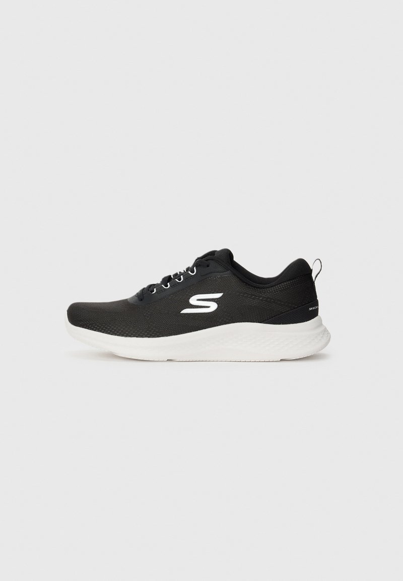 Black Skechers athletic shoe with white sole, white "S" logo on side, lace-up design, and pull tab on heel.