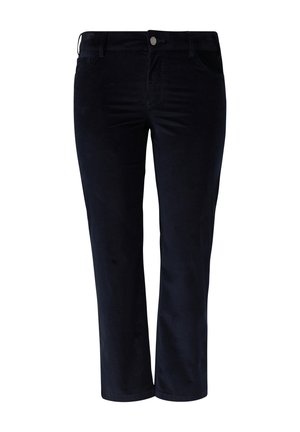 Navy Corduroyhosen im Slim-Fit, mit fünf Taschen, und einem Reißverschluss. Weicher Stoff mit schmalen Rippungen und einem klassischen Knopf-Detail.