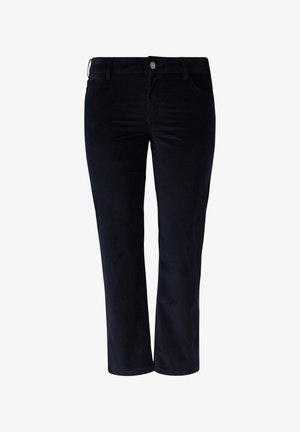 Pantaloni in velluto a coste blu navy con vestibilità slim, design a cinque tasche e chiusura con zip. Texture morbida con coste sottili e un classico bottone decorativo.
