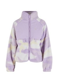 Fialová fleecová bunda s polovičným zipsom a dvoma prednými vreckami, s textúrovaným vzorom svetlých a tmavých odtieňov, s hladkou hornou časťou.