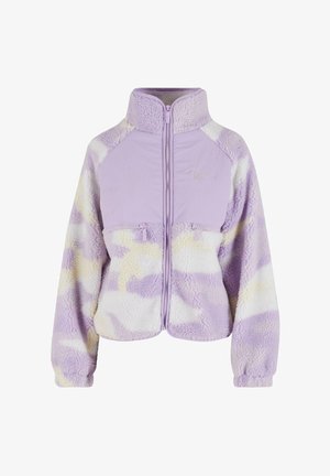 Purple fleece jacket with half zipper and two front pockets, featuring a textured pattern of light and dark shades, with a plain upper section.