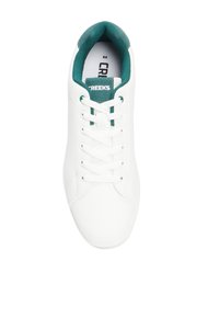 Weißer Sneaker mit glatter Textur, grünem gepolsterten Kragen, weißen Schnürsenkeln und Logo auf der Zunge. Verfügt über eine runde Zehenpartie und flache Sohle.