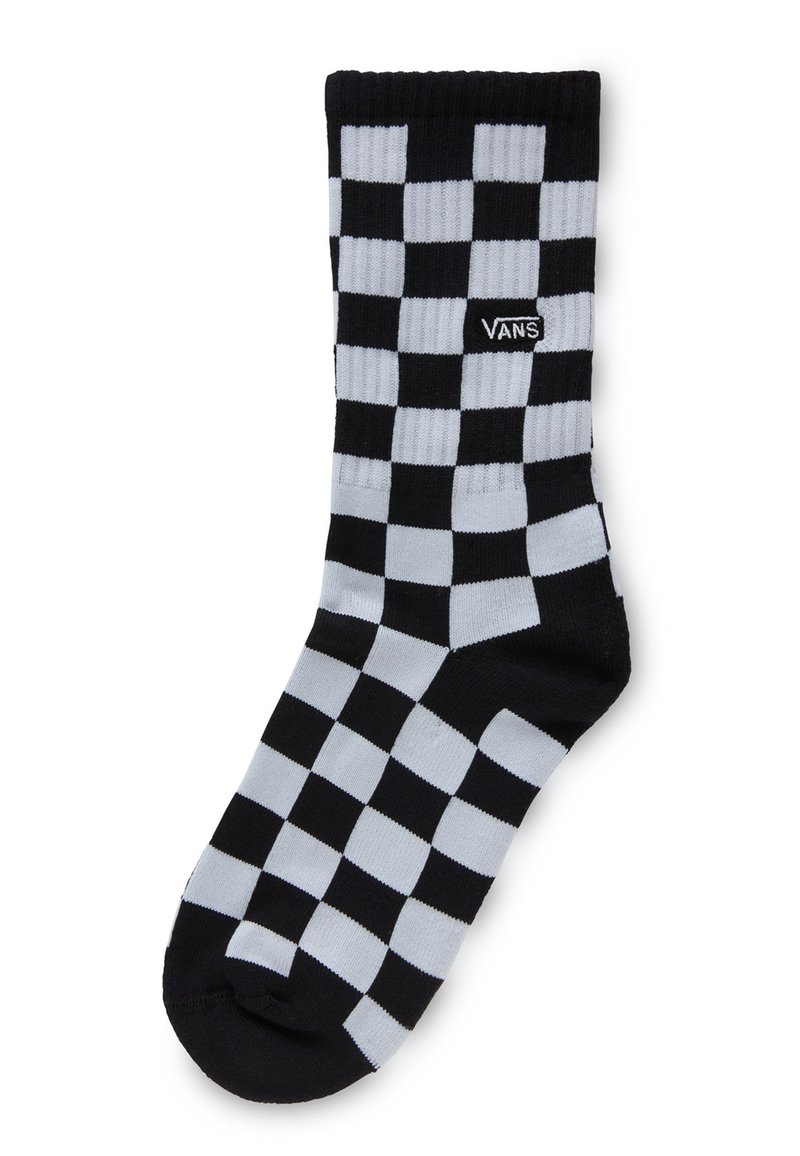 Schwarz-weiße Karosocken mit einem gerippten Bund, die ein kleines Vans-Logo an der Seite aufweisen und aus dehnbarem Strickmaterial gefertigt sind.