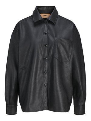 Black leather shirt jacket with a collared neckline, front-button closure, and a single chest pocket. Features loose-fitting sleeves and texture.