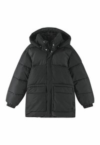 Schwarze Steppjacke mit Kapuze, Frontreißverschluss, Druckknöpfen, zwei großen Fronttaschen und elastischen Bündchen.