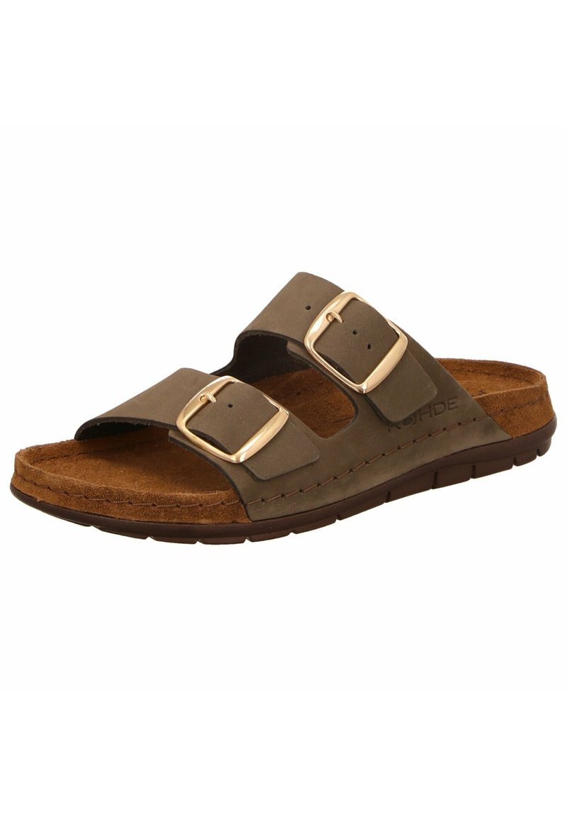 Braune Leder-Sandale mit zwei verstellbaren Schnallen, strukturiertem Korkfußbett und flexibler Gummisohle für Komfort.