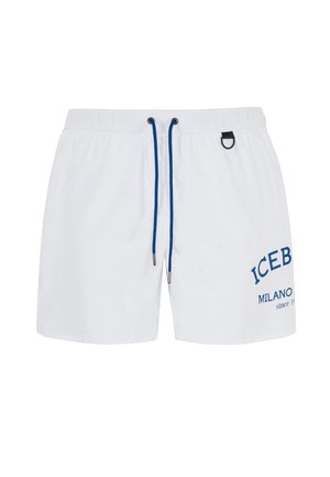 Shorts de bain blancs avec cordons bleus et accents latéraux. Présente les inscriptions "ICEB" et "MILANO" en bleu sur le devant. Matériau léger.