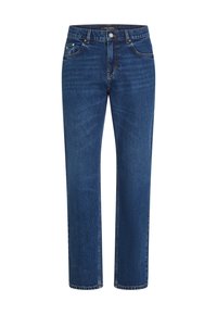 Vaqueros de mezclilla azul oscuro con corte recto, diseño de cinco bolsillos y costuras en contraste. Cierre clásico con botón y cremallera en la cintura.