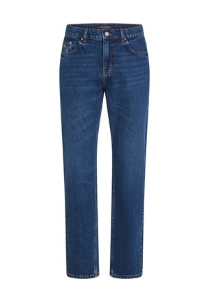 Tamno plave traperice s ravnim krojem, dizajn s pet džepova i kontrastnim šavovima. Klasično zatvaranje na dugme i patentni zatvarač u struku.