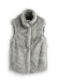 Grey faux fur vest with a mock neck, sleeveless design, and soft texture. Features minimal stitching and a subtle sheen.