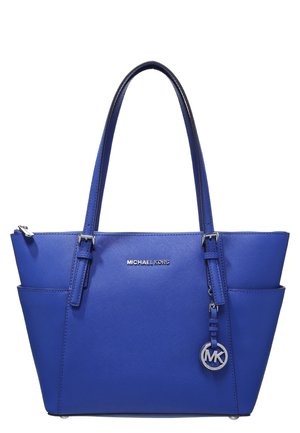 Blauwe leren Michael Kors tote tas met twee schouderbanden, zijvakken, ritssluiting en MK-logo hanger.