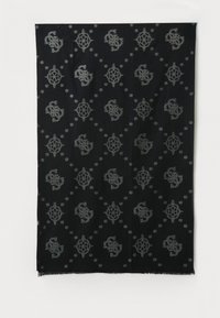 Fular negru cu modele geometrice gri repetate și monograme aranjate diagonal, având margini franjurate subtile.