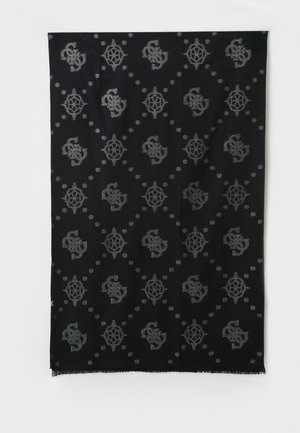 Zwarte sjaal met herhalende grijze geometrische en monogram patronen diagonaal gerangschikt, met subtiele franjes aan de randen.