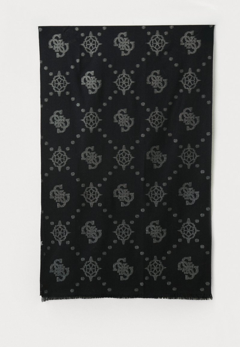 Sort tørklæde med gentagne grå geometriske og monogram mønstre arrangeret diagonalt, med subtile frynsekanter.