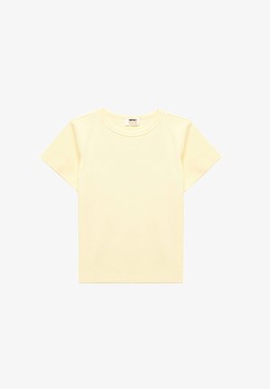 Hellgelbes Baumwoll-T-Shirt mit kurzen Ärmeln, rundem Ausschnitt und schlichtem Design. Keine sichtbaren Muster oder Akzente.