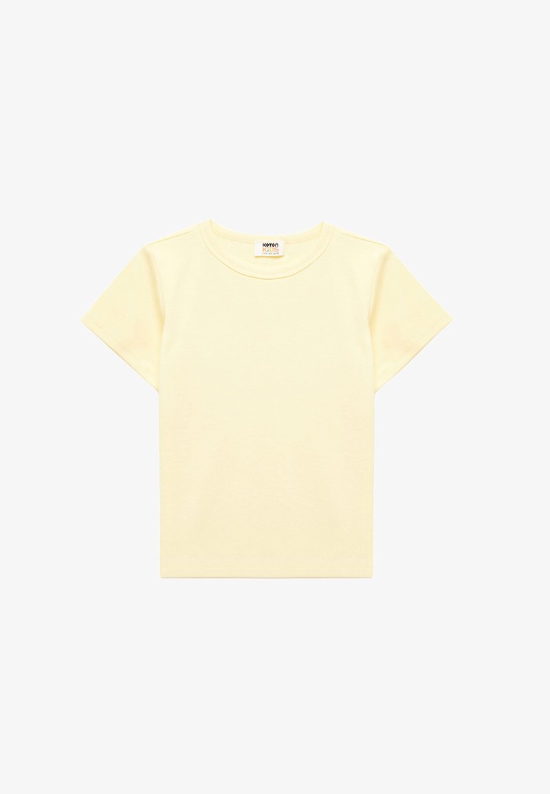 Hellgelbes Baumwoll-T-Shirt mit kurzen Ärmeln, rundem Ausschnitt und schlichtem Design. Keine sichtbaren Muster oder Akzente.