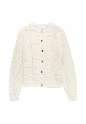 Cárdigan de punto blanco con patrón calado de cuadros, mangas largas, puños y dobladillo acanalados, y cierre frontal con botones.