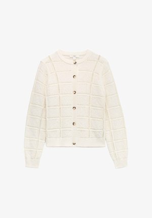 Hvid strikket cardigan med ternet hulmønster, lange ærmer, ribbede manchetter og kant samt knaplukning foran.