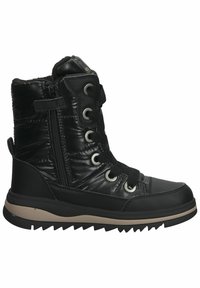 Bottillon noir imperméable avec dessus en synthétique, fermeture à lacets et à glissière, semelle en caoutchouc, col rembourré et finition texturée. Présente des œillets en métal.
