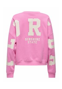 Sweat-shirt rose avec de grandes lettres blanches en bloc au dos et sur les manches, avec le texte "SUNSHINE STATE" sous la lettre centrale "R".