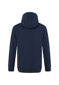 Navy blue hooded sweatshirt with long sleeves, textured fabric, and a kangaroo pocket. Features ribbed cuffs and bottom hem.