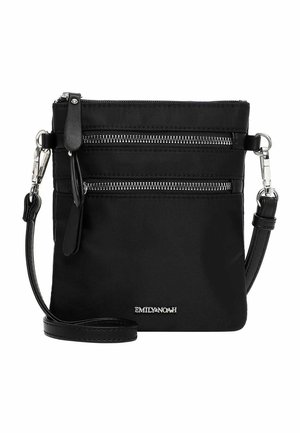 Black crossbody bag with two horizontal zippered pockets, adjustable strap with silver clasps, and "EMILY&NOAH" logo on front.