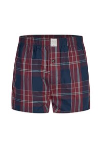 Heren katoenen boxershorts met een elastische tailleband en blauw, rood en wit ruitpatroon, met een voorste knoopsluiting en merkembleem op de tailleband.