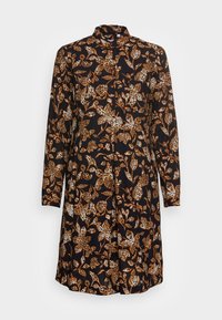 Svart klänning med långa ärmar, med ett blommigt mönster i orange och vitt, knäppning fram och krage. Slät tygtextur.