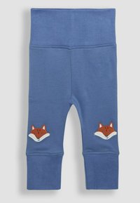 Blauwe katoenen leggings met een zachte tailleband en twee geborduurde vossen gezichten vlakbij de zoom op elk been.