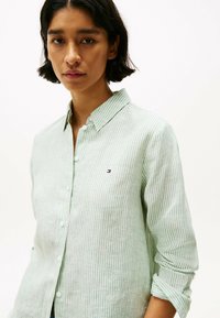 Camicia verde chiaro con bottoni e righe bianche, con colletto, maniche lunghe e un piccolo logo sul petto. Tessuto morbido e strutturato.
