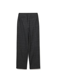 Pantalon en laine gris avec une coupe droite, deux poches arrière et une finition texturée. Pas de fermetures ou de attaches visibles.