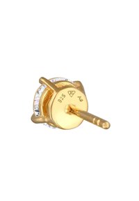 Ohrringe aus goldfarbigem Metall mit einem runden klaren Kristall als Mittelpunkt, ausgestattet mit einer Steckvorrichtung für sicheren Halt, auf der Rückseite mit 925 und Ag markiert.