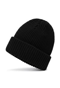 Gorro de lana negro con textura acanalada y puño doblado. Parte superior redondeada con detalles de patrón sutil, hecho de un material suave y elástico.
