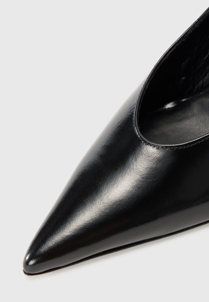 Schwarzer Leder-Schuh mit spitzem Zehenbereich, einer glatten, glänzenden Textur und einem Ausschnitt-Design an den Seiten, das die elegante Silhouette betont.
