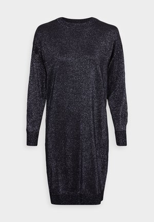 Vestido negro de manga larga hasta la rodilla con brillo metálico plateado, escote redondo y puños ajustados, presentado sobre un fondo blanco liso.