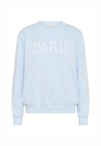 Sweat-shirt bleu clair avec "PARIS" imprimé en blanc. Présente un col rond, des manches longues, des poignets et un ourlet côtelés. Texture douce.