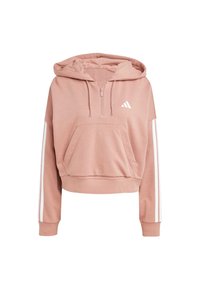 Roza skrajšana kapuca z zadrgo spredaj, kenguru žepom in belimi stranskimi črtami. Material izgleda mehak z gladko teksturo.