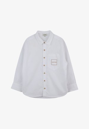 Witte lange mouw knop-up shirt gemaakt van katoen, met een enkele borstzak met een geborduurd logo en houten knopen aan de voorkant.