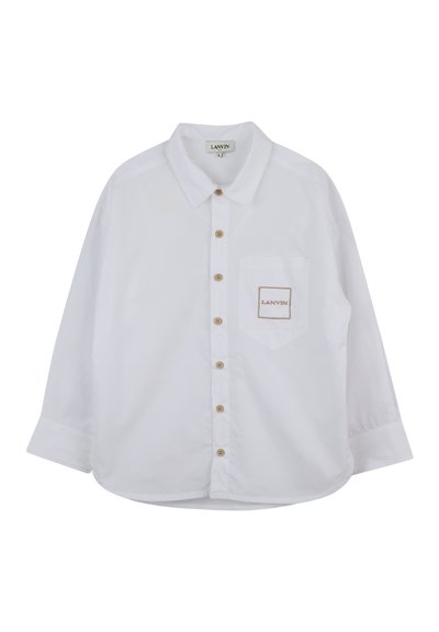 Camicia bianca a maniche lunghe con bottoni, realizzata in cotone, dotata di una tasca sul petto con logo ricamato e bottoni in legno lungo il davanti.