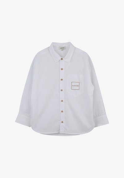 Camicia bianca a maniche lunghe con bottoni, realizzata in cotone, dotata di una tasca sul petto con logo ricamato e bottoni in legno lungo il davanti.