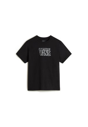 Svart kortärmad t-shirt i bomull, med en vit grafik av "VANS"-logotyp i en strukturerad, vintage stil på framsidan.