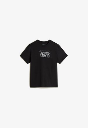 Camiseta negra de manga corta hecha de algodón, con un logotipo "VANS" en blanco en un estilo texturizado y desgastado en la parte delantera.