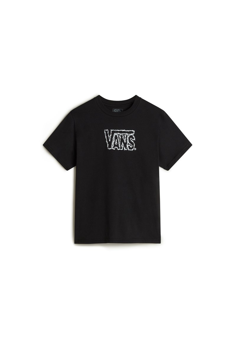Sort kortærmet t-shirt lavet af bomuld, med et hvidt grafisk "VANS" logo i en tekstureret, slidt stil på fronten.