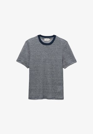 T-shirt manches courtes bleu marine et blanc à fines rayures horizontales, avec un col rond uni bleu marine.