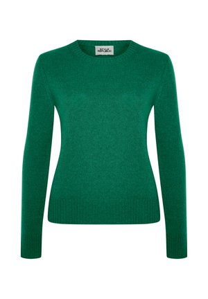 Green knitted sweater with a rounded neckline, long sleeves, and ribbed hem. The fabric has a smooth texture with a subtle sheen.