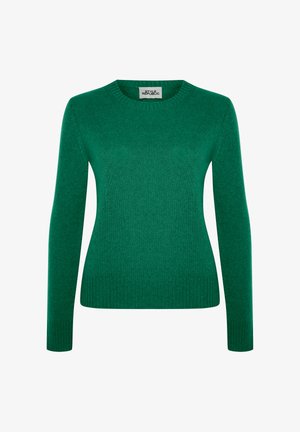 Maglione verde lavorato a maglia con scollatura rotonda, maniche lunghe e orlo a coste. Il tessuto ha una superficie liscia con una leggera lucentezza.