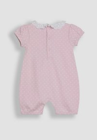 Pink polka dot romper with short sleeves, white scalloped collar, and button placket. Soft cotton material with elasticated leg openings.