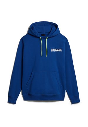 Hoodie bleu en tissu doux, avec une poche kangourou à l'avant, une capuche à cordon de serrage rehaussée de accents vert néon, et un logo de marque blanc imprimé sur un côté.