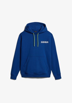 Blauer Hoodie aus weichem Stoff, mit einer vorderen Kängurutasche, einer Kapuze mit Zugband in Neon-Grün und einem weißen Markenlogo auf einer Seite gedruckt.