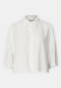 Blusa bianca a maniche corte con colletto, chiusura frontale con bottoni e vestibilità comoda, realizzata in un tessuto leggero e liscio.